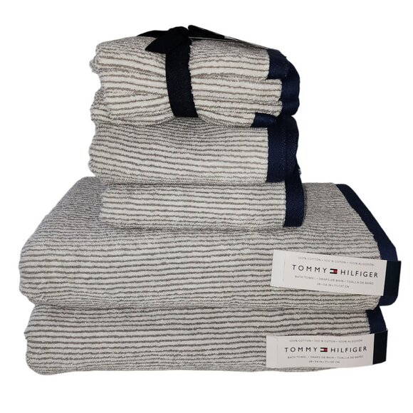 Tommy Hilfiger 8pc Striped Cotton Towel Set White Navy Gray Bath Hand Washcloths - Picture 11 of 11